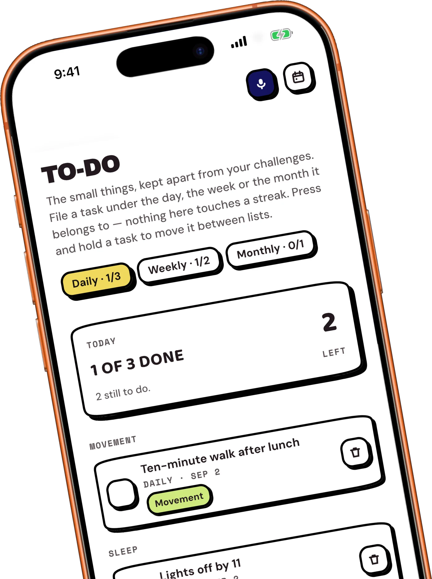 To-do screen showing daily, weekly and monthly lists
